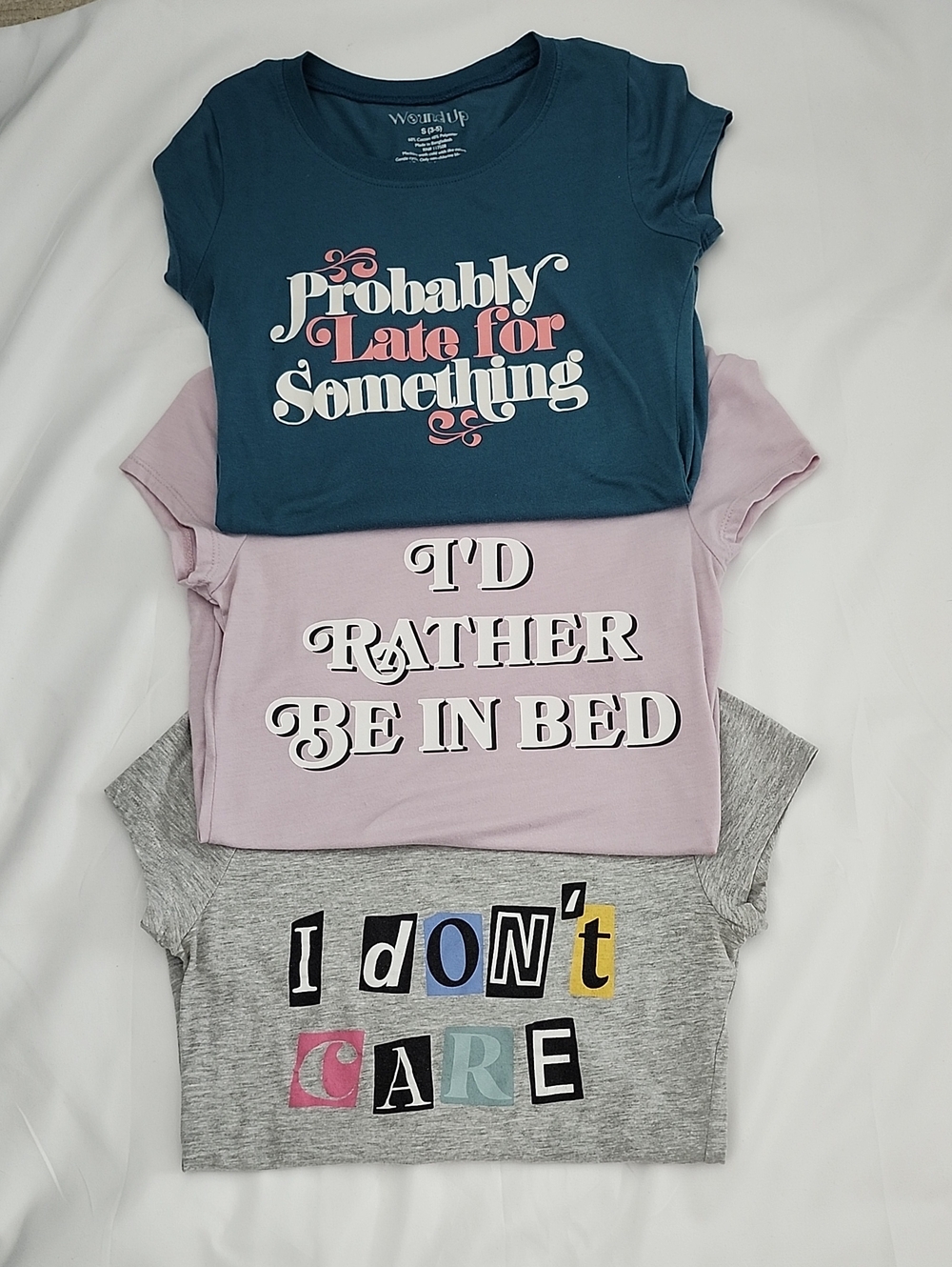 Three Wound Up T-shirts in Teal, Lavender & Gray With Sayings. All Size Small.